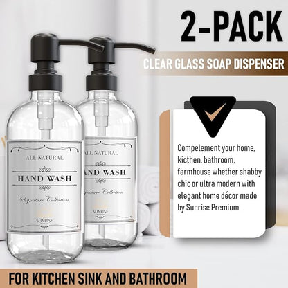 2 Pack Clear Glass Soap Dispenser 16 OZ with Matte Black Stainless Steel Pump, Hand and Dish Soap Dispenser Set for Bathroom and Kitchen Sink with 6 Waterproof Labels
