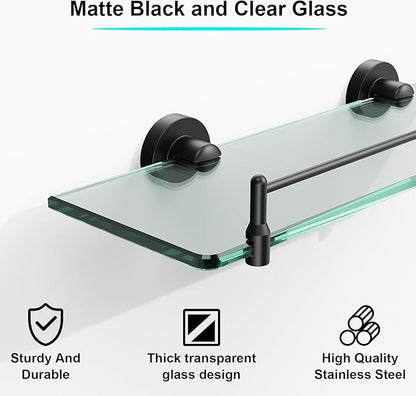 Glass Bathroom Shelves,Matte Black Floating Shelves for Wall Rectangular Modern Stainless Steel Glass Shelf for Bathroom Shelves Wall Mounted 16 Inch