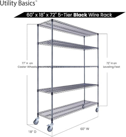 NSF Commercial 5-Tier Wire Shelving with Wheels, 60"x18"x72" Heavy Duty Metal Shelves 4000 lbs Max Capacity, Black Storage Rack for Garage Kitchen Pantry Warehouse