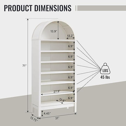 71" Tall Arched Bathroom Storage Cabinet, 7-Tier Modern Farmhouse Storage Cabinet with Adjustable Shelves, Wood Freestanding Cabinet for Bathroom, Living Room, Entryway, Hallway (Antique White)