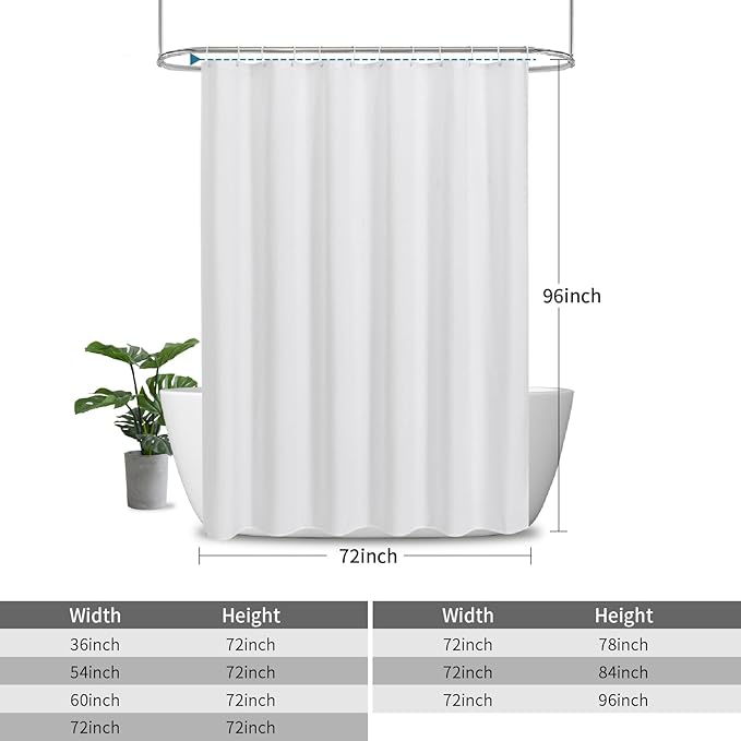 2-in-1 Waterproof Extra Long Fabric Shower Curtain or Liner,Linen Textured,96 Inch Breathable TPU & Washable Bathroom Shower Curtain Set with 12 Plastic Hooks,Modern,72"x96",White