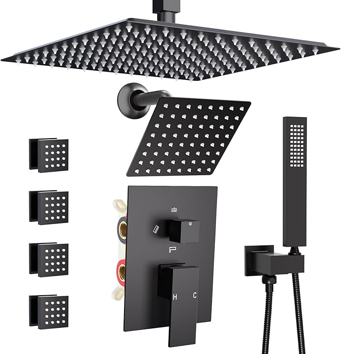 Enga Dual Head Shower System with Body Jets (Eco-Performance) 12 Inch Ceiling Mount Shower Head with 6 Inch Wall Mount Shower Head Shower Faucet Set, Matte Black
