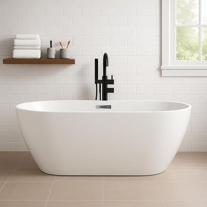 59" Acrylic Freestanding Bathtub, Modern Deep Soaking Tub, cUPC Certified Free Standing Tub, Chrome Drain/Overflow, White Acrylic, Flora White