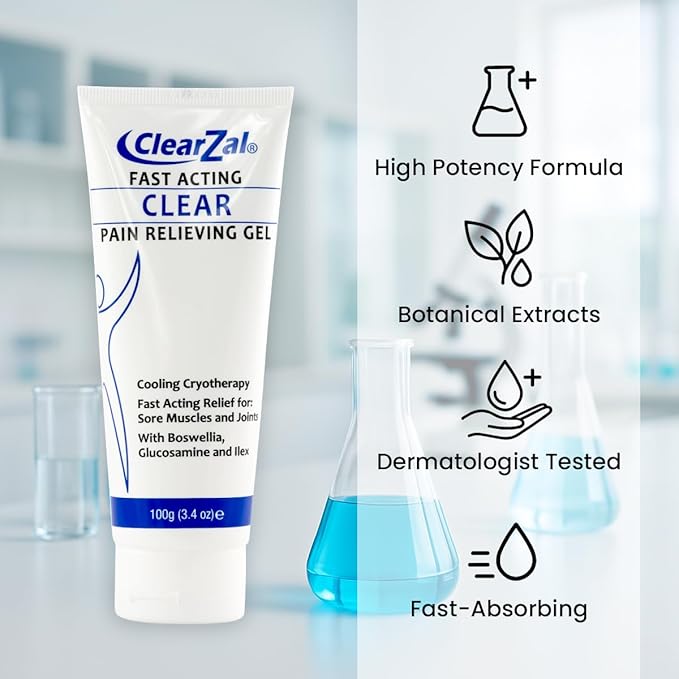 ClearZal Fast Acting Clear Pain Relieving Gel with Cooling Cryotherapy, Boswellia and Glucosamine for Sore Muscles and Joints, Soothing Cooling Gel 3.4 oz