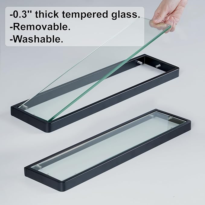 Glass Shelves/Shelf with Towel Bar/Rack 20-inch Floating Shelves for Bathroom Tempered Glass Rectangular 1 Tier Organizer Wall Shelf (Matte Black, 20'')
