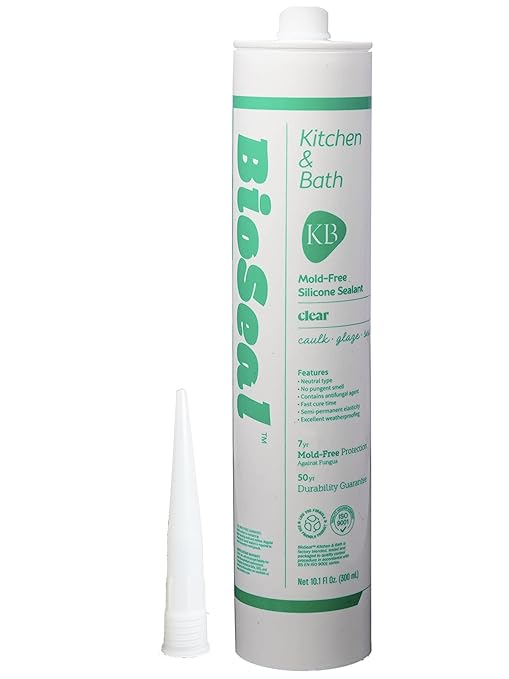 Clear BioSeal 100% Silicone Sealant Caulk Kitchen and Bath Grade, Waterproof and No Odor No Color Change 10.1 Ounce Cartridge, 25 Clear Tubes Box