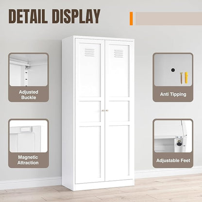 Yizosh Metal Storage Cabinet - 71" White Kitchen Pantry with 2 Doors and 5 Adjustable Shelves, 5-Tier Tall Steel Locker for Living Room, Dining Room