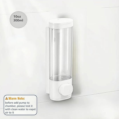 White Manual Bathroom Wall Mounted Soap Dispenser, 10oz/300ml Single Bathroom Shampoo and Conditioner Dispenser, Clear Plastic Refillable Liquid Lotion Pump Dispenser and Organizer
