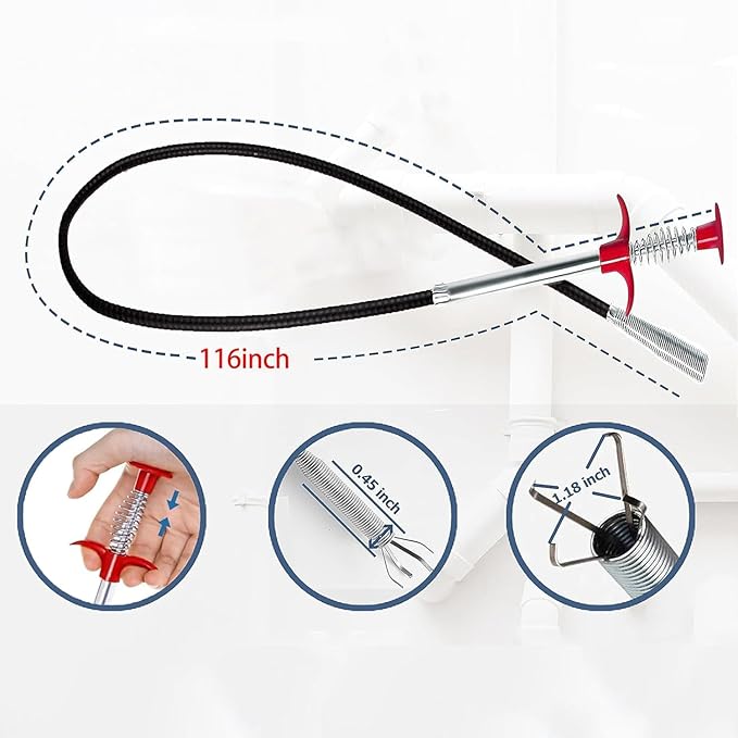 Drain Snake 116 Inch Flexible Claw Grabber Tool with 4 Claws Bendable Hose - Flexible Grabber Claw Pick Up Reacher Tool for Clogged Drains Opener Cleaning