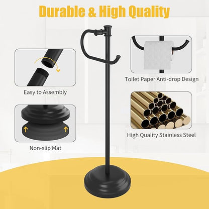 BESy Toilet Paper Holder Free Standing Bathroom Toilet Tissue Holder Stand for Floor Toilet Paper Roll Holder with Storage Hardware Accessories Rack Hand Towel Bar Matte Black Stainless Steel
