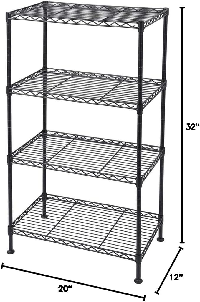 4 Tier Storage Racks Shelving, Heavy Steel Pantry Shelves, Adjustable Wire Shelving Rack, Suitable for Garage, Kitchen, Bathroom, Office, 20" W x 12" D x 32" H, Black