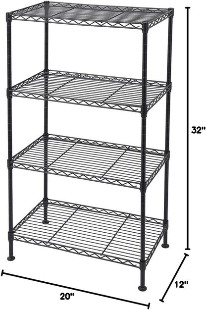 4 Tier Storage Racks Shelving, Heavy Steel Pantry Shelves, Adjustable Wire Shelving Rack, Suitable for Garage, Kitchen, Bathroom, Office, 20" W x 12" D x 32" H, Black