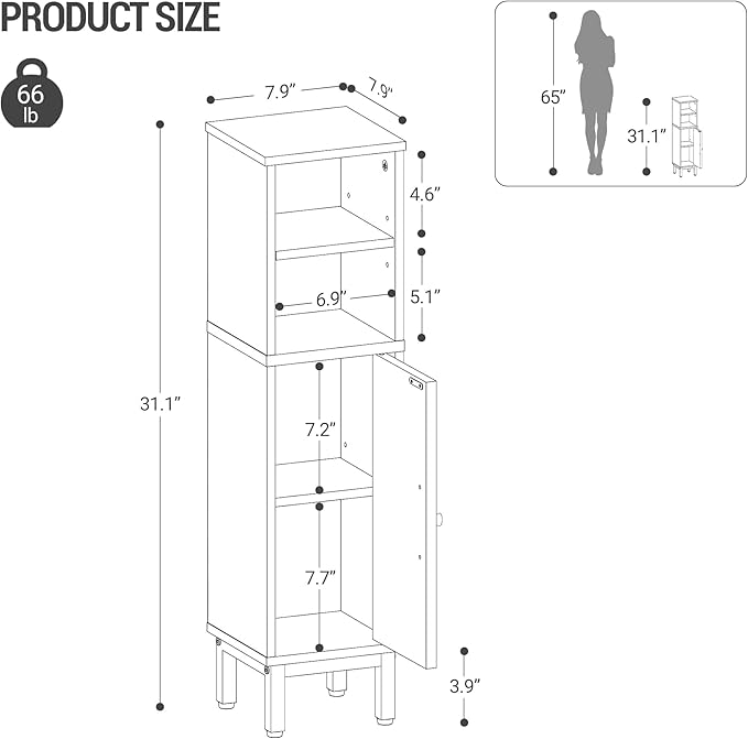 Bathroom Storage Cabinet, Corner Floor Cabinet with Shelves, Customized Door Opening Direction, Bathroom Organizer with Adjustable Shelf for Kitchen, Living, Toilet Paper Cabinets White Brown