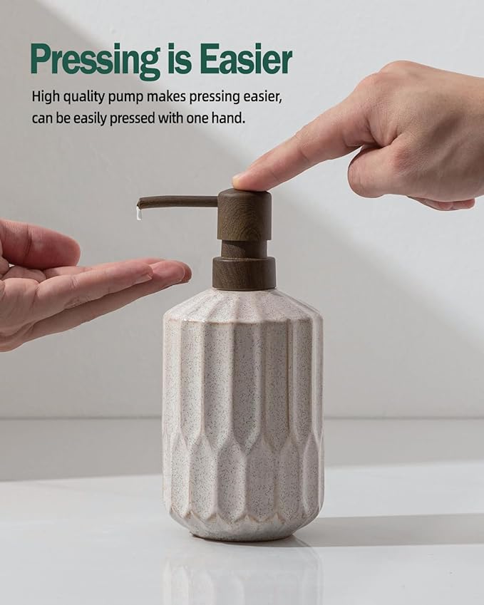 Fun Elements Bathroom Soap Dispenser, 16 Oz Luxurious Hand soap Dispenser for Bathroom, Ceramic Liquid Soap Dispenser for Bathroom Countertop with Plastic Pump, Silicone Funnel (Wooden Color Pump)