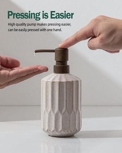 Fun Elements Bathroom Soap Dispenser, 16 Oz Luxurious Hand soap Dispenser for Bathroom, Ceramic Liquid Soap Dispenser for Bathroom Countertop with Plastic Pump, Silicone Funnel (Wooden Color Pump)