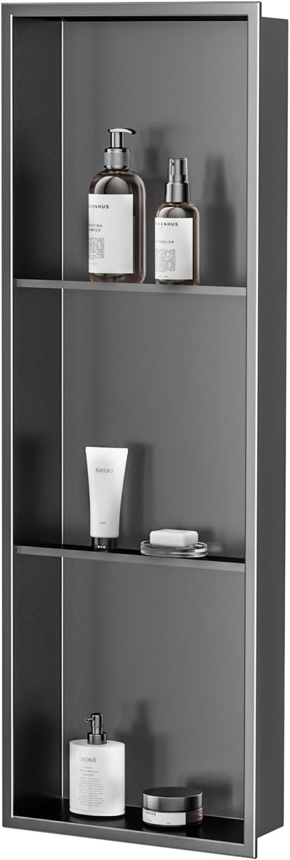 Neodrain 12X36 Inch Shower Niche, Gun Metal 3-Tier Stainless Wall Niche NO Tile Needed Recessed for Bathroom Storage Insert Shower Wall Cabinet Waterproof