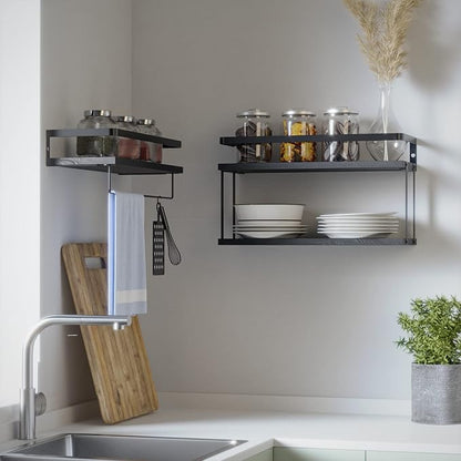 RICHER HOUSE 2+1 Tier Wall Mounted Floating Shelves Set of 2, Rustic Wood Wall Shelf with Metal Frame, Extra Storage Rack for Bathroom, Kitchen, Bedroom with Tissue Rack & Towel Bar - Black
