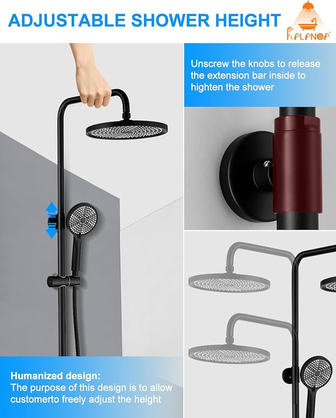 Outside Shower Kit,3 Functions Handle Tub Rainfall Shower Faucet Sets with Dial Thermometer Brass Valve, Black Exposed Shower Pipe System with 10'' Rainfall Shower Head Adjustable