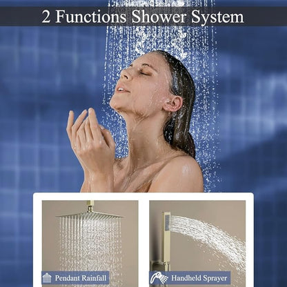 12 Inch Brushed Gold Ceiling Mount Shower System Bathroom Luxury Rain Mixer Shower Combo Set Ceiling Rainfall Shower Head System Faucet Contain Rough-in Valve and Trim Included