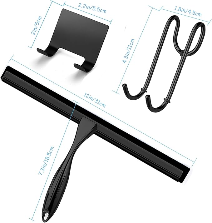 Shower Squeegee for Glass Doors, 12 Inches Bathroom Squeegee with Spare Silicone Blade, Shower Door Hook and Adhesive Hook, Stainless Steel Bathroom Squeegee for Mirror Window (12in-Black-1 Pack)