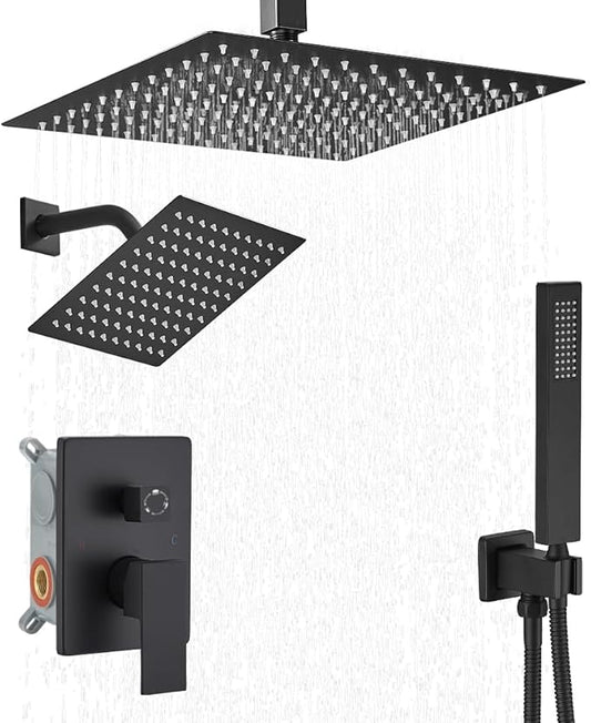 Shower Faucet Set Matte Black Shower System, Knob Switch Diverter Shower Faucet with High Pressure Handheld Spray, Ceiling Mount 12 Inch Shower Head with 6 Inch Wall Mount Shower Head