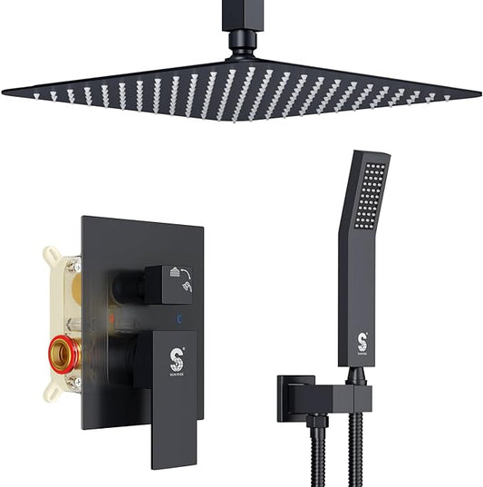 SR SUN RISE 12 Inch Ceiling Mount Matte Black Shower System Bathroom Luxury Rain Mixer Shower Faucet Set Ceiling Rainfall Shower Head System Faucet Trim Repair Kits Rough-in Valve and Trim Included