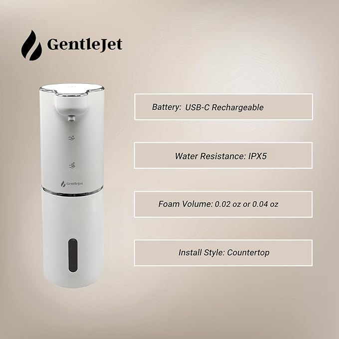 JetFoam Automatic Foam Soap Dispenser - Touchless Electric Soap Dispenser, USB-C Rechargeable, Adjustable Foam Levels, 10 oz Countertop Hands-Free Soap Pump for Bathroom & Kitchen (White)