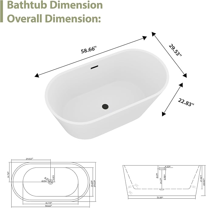 Mocoloo 59 Inch Freestanding Bathtub - Acrylic Soaking White Tub for Bathroom Stand Alone Ergonomic Modern Bathtub with Overflow and Black Offset Drain