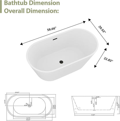 Mocoloo 59 Inch Freestanding Bathtub - Acrylic Soaking White Tub for Bathroom Stand Alone Ergonomic Modern Bathtub with Overflow and Black Offset Drain