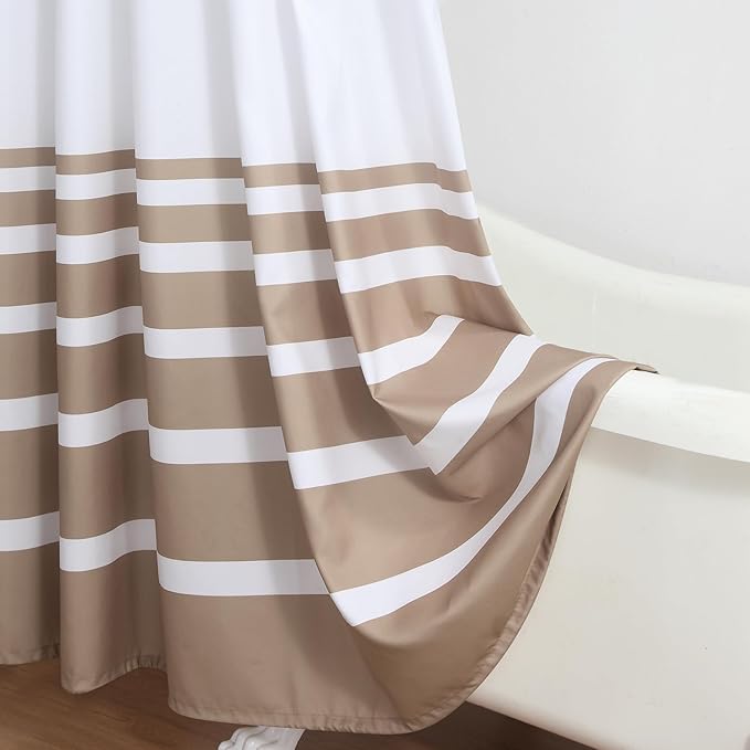 Beige and White Striped Shower Curtain 72x78 Inches, Waterproof Fabric with Modern Gradient Lines, 12 Rustproof Grommets & Weighted Hem