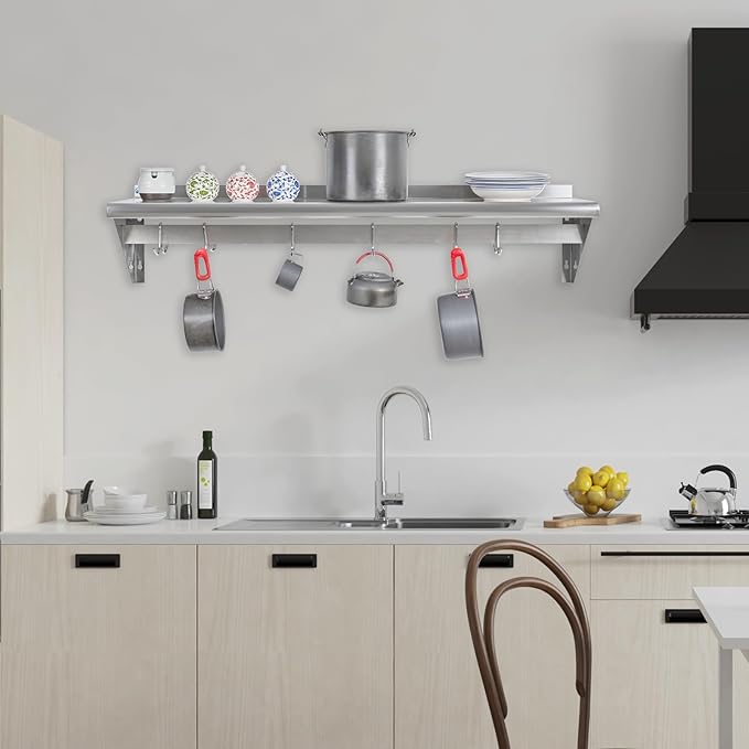 Hally Stainless Steel Shelf with 8 Hooks 14" x 60" Wall Mounted Pot Rack 400lb, NSF Commercial Floating Shelving for Storage Hanging Pots, Pans, cookware in Restaurant, Kitchen, Home and Hotel
