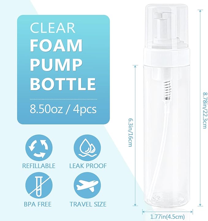 Foam Pump Bottle 8.5oz/250ml Clear Empty Foam Bottle Pump, Travel Foam Bottles for Soap, Shampoo, Cleaning Foam Dispenser Bottle Refillable (4 Pack)
