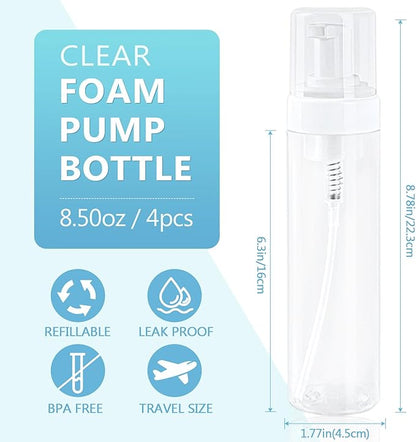 Foam Pump Bottle 8.5oz/250ml Clear Empty Foam Bottle Pump, Travel Foam Bottles for Soap, Shampoo, Cleaning Foam Dispenser Bottle Refillable (4 Pack)