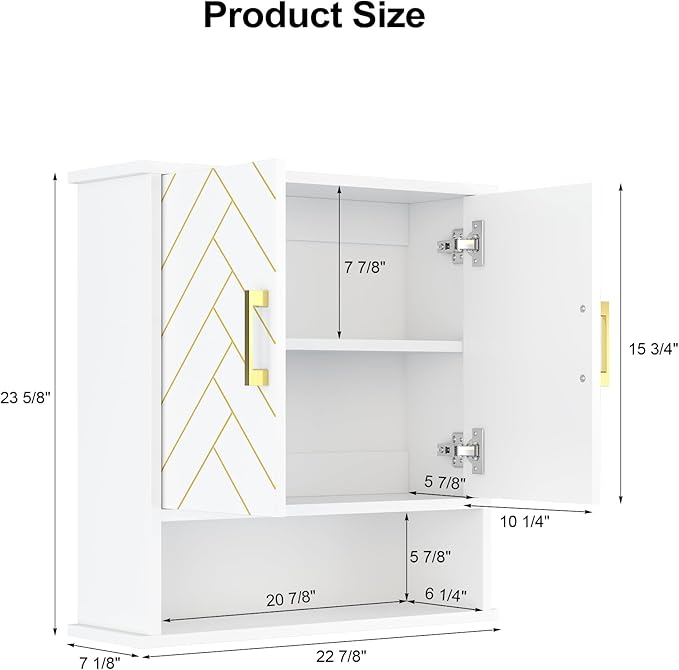 White Chevron Pattern Bathroom Wall Mount Cabinet, Stylish Hanging Medicine Cabinet with Open Shelf, Over The Toilet Storage for Bathroom Kitchen (23 5/8" x 22 7/8" x 15 3/4")