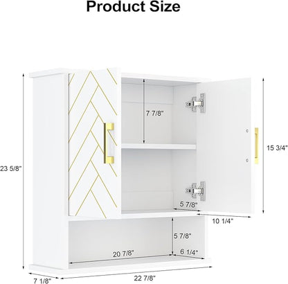 White Chevron Pattern Bathroom Wall Mount Cabinet, Stylish Hanging Medicine Cabinet with Open Shelf, Over The Toilet Storage for Bathroom Kitchen (23 5/8" x 22 7/8" x 15 3/4")