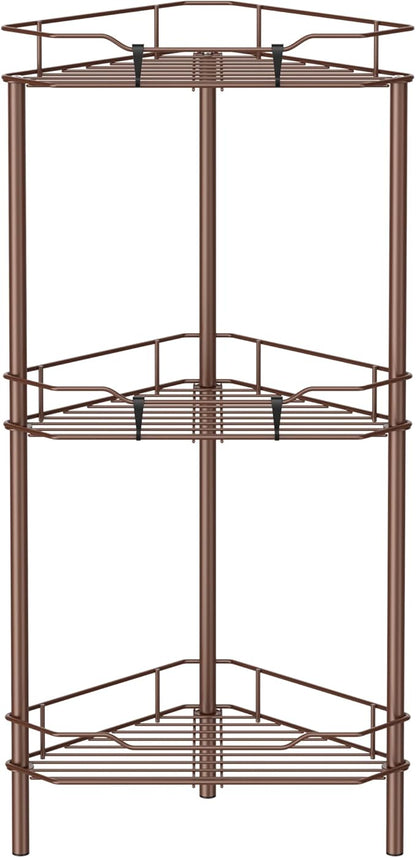 3 Tier Floor Standing Corner Shower Caddy Organizer Shelf with Hooks, Bathroom Shelves Stand Rack, Coffee