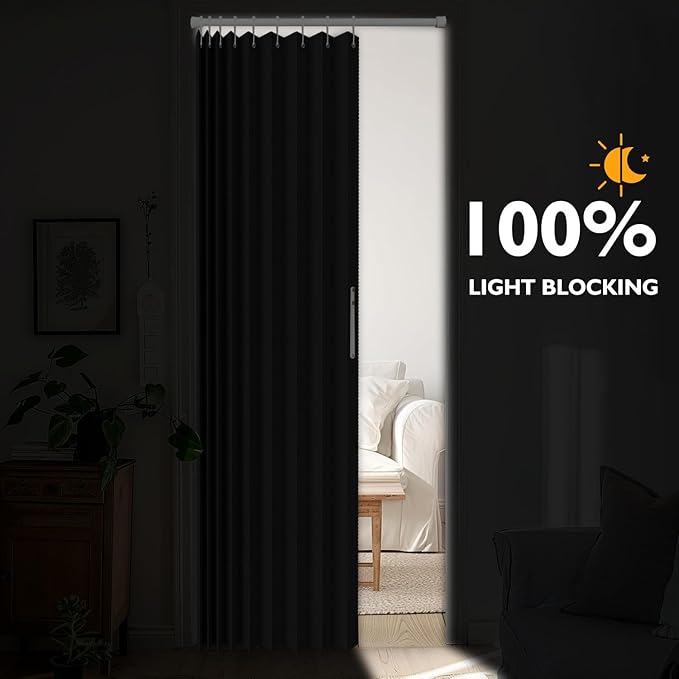 100% Blackout Fabric Folding Door Curtain with Magnetic Closure - Accordion Style for Sliding Doors, Closets,Wardrobe and Temporary Door Solutions Doorway Curtains（W42 x L78, Black，1 Panel）