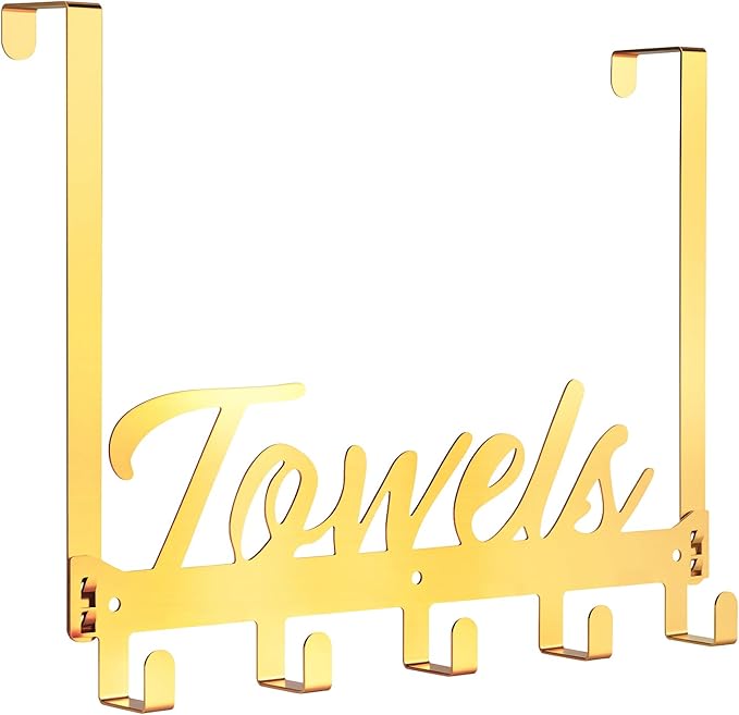 Over The Door Hooks, Towel Rack Towel Hooks for Bathroom, Towel Holder for Hanging Heavy Duty, Door Rack Over Door Hanger with 5 Coat Hooks for Bedroom Bathroom Kitchen（Light Gold）