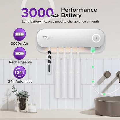 Toothbrush Sanitizer Holder for Bathrooms, 5 Slots Toothbrush Sanitizer and Holder, Rechargeable Cordless Wall Mounted Organizer, Toothbrush Cleaner with Drying Function, No-Drilling