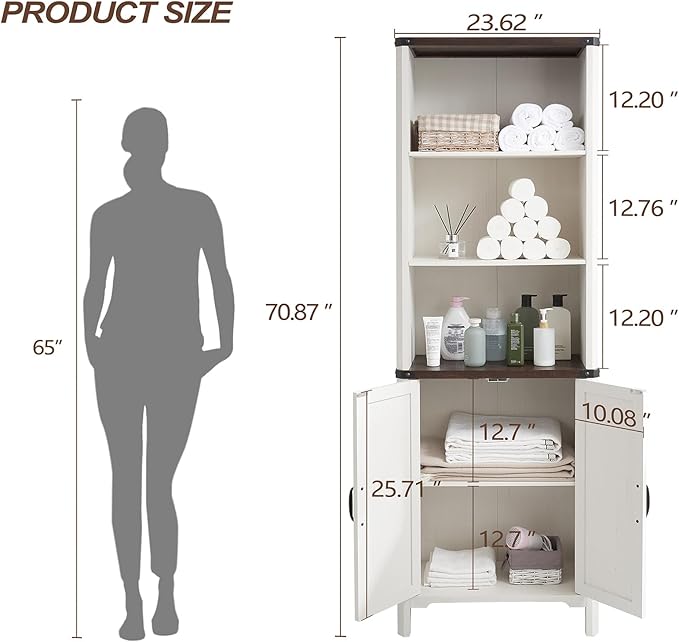 70.87 Tall Bathroom Storage Cabinet, Farmhouse Storage Cabinet with 2 Barn Doors and Adjustable Shelves, Bathroom Organizer for Living Room, Entryway, Kitchen (Antique White)
