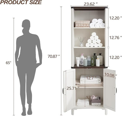70.87 Tall Bathroom Storage Cabinet, Farmhouse Storage Cabinet with 2 Barn Doors and Adjustable Shelves, Bathroom Organizer for Living Room, Entryway, Kitchen (Antique White)