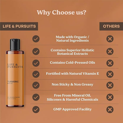 Life & Pursuits Turmeric Body Oil 6.8 Fl Oz X 2- Ayurvedic Natural Body Massage Oil with Vitamin E, Coconut Oil, Almond & Squalane| Reduces Dark Spots, Brightens Skin, Hydrates & Moisturizes Dry Skin