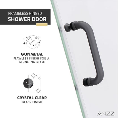 ANZZI 70" x 24" Frameless Shower Door in Gun Metal Black, Passion Water Repellent Glass Shower Door with Seal Strip Parts and Handle, 5/16 Glass Hinged Shower Door with Handle (SD-AZ09-01GB)