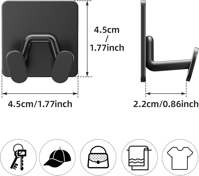 Adhesive Shower Hooks for Inside - Extra Sticky Stainless, Razor Holder Shower Accessories, Wall Mounted Self-Adhesive Double Hooks for Razor, Loofah, Towel, Shaver, Coat, Key, Matt Black, 4-Pack