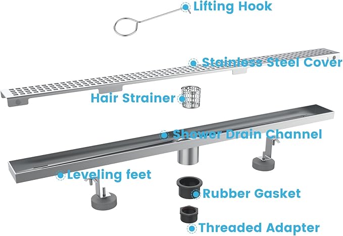 32 Inch Rectangular Shower Floor Drain, Brushed Nickel High Flow Shower Drain Kit with Flange with Hair Filter, Removable Grate Cover, 304 Stainless Steel, Abs Fixing Tray (Brushed)