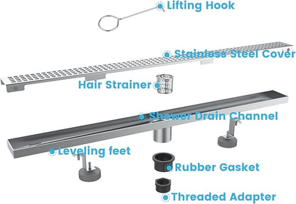 32 Inch Rectangular Shower Floor Drain, Brushed Nickel High Flow Shower Drain Kit with Flange with Hair Filter, Removable Grate Cover, 304 Stainless Steel, Abs Fixing Tray (Brushed)