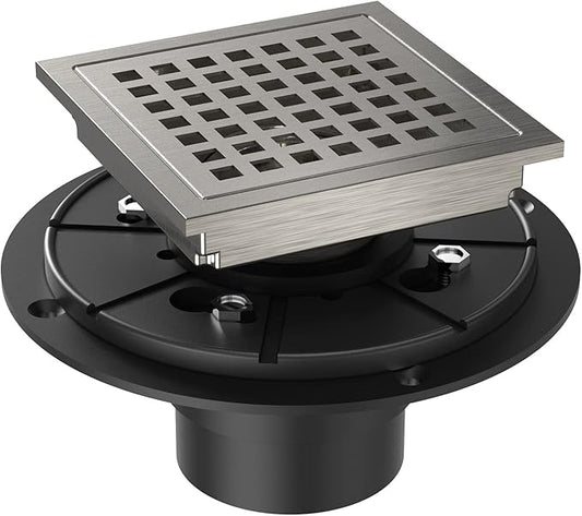 4 Inch Square Shower Floor Drain, Brushed Nickel High Flow Shower Drain Kit with Flange with Hair Filter, Removable Grate Cover, Stainless Steel, Abs Fixing Tray, CUPC Certified(Brushed Nickel)