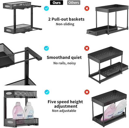 Under Sink Organizer, 2-Tier Pull Out Cabinet Organizer with Adjustable Height, Use in Kitchen Bathroom Cabinet and Countertop Storage, Black, 2-Pack