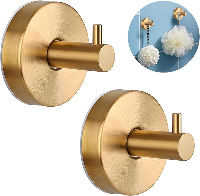 2 Pcs Suction Shower Hooks, Stainless Steel Gold Suction Cup Hook, Removable Shower Holder Towel Rack for Bathroom, Kitchen Glass Door Wall for 15 Lb Heavy Duty Clothes - Gold