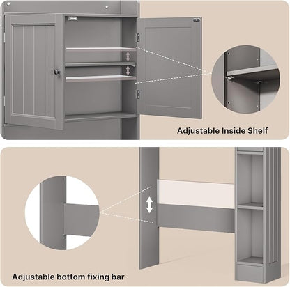 Ahomly Over The Toilet Storage Cabinet, 32.3" W Over Toilet Bathroom Organizer with Doors, Adjustable Shelves, Toilet Paper Holder, 2 Side Hooks, Space-Saver for Bathroom, Laundry, Grey